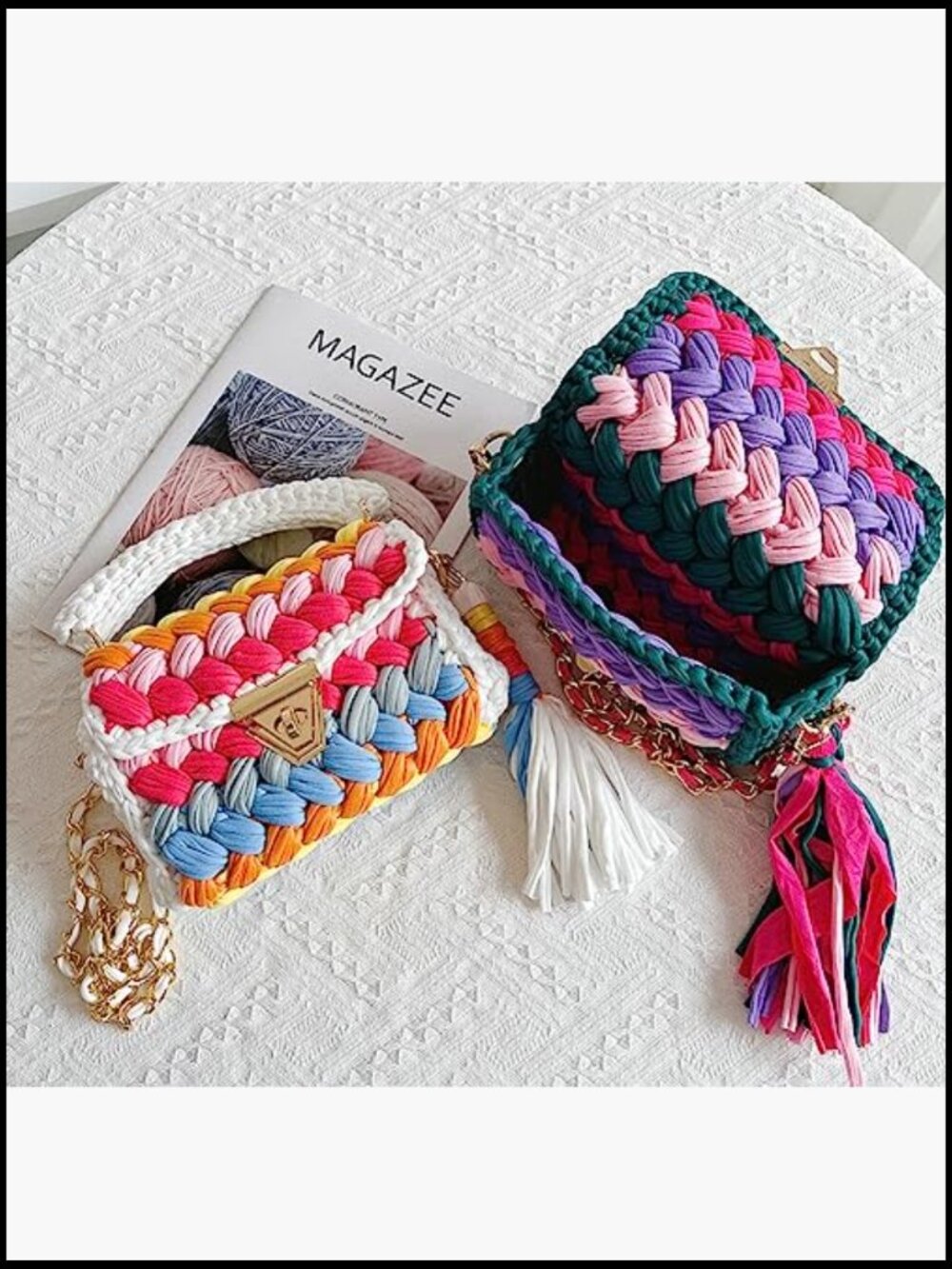 Chunky Yarn Tote Crochet Purse Crossbody Bag Handwoven Evening Flap Shoulder - Picture 2 of 7
